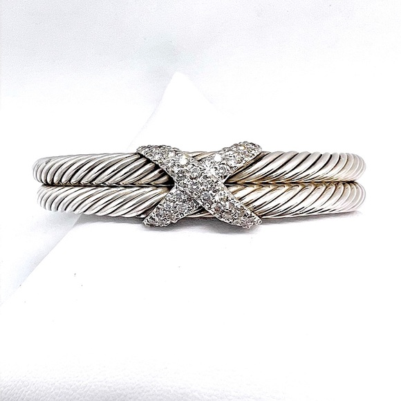 David Yurman Sterling Silver Double Row Diamond X Cable Bracelet - Picture 8 of 16